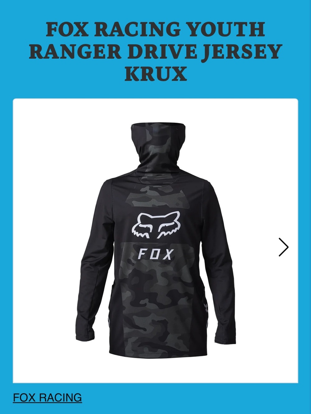 Fox Legion Ranger drive Jersey krux- Black and White camo youth large